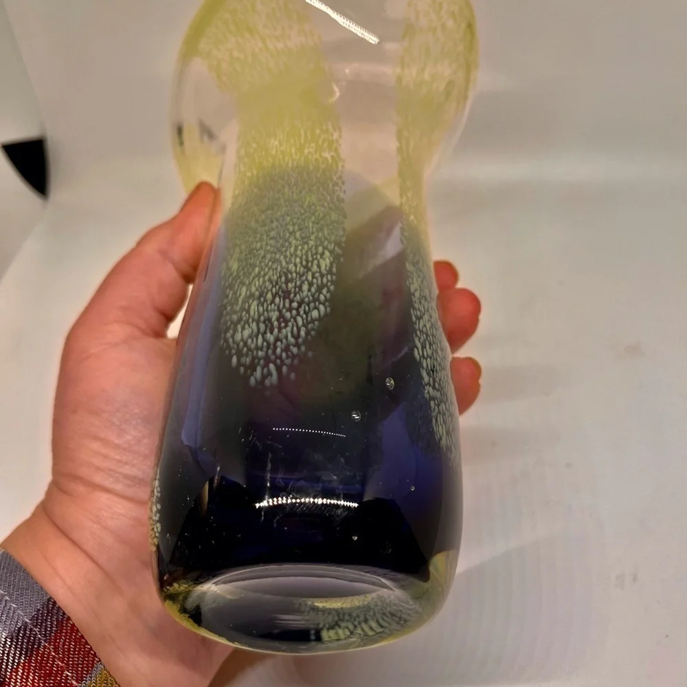 Teleflora Speckled Art Glass Vase Purple Green Flared Lip Hand Blown 8 Inch